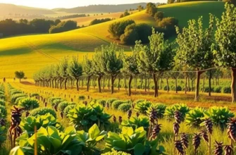 A beautiful natural setting showcasing an array of organic fruits and vegetables thriving in a sunlit field.
