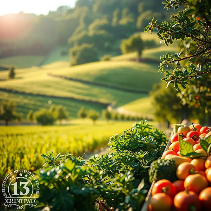 A sunlit landscape showcasing an abundance of fresh vegetables and fruits.