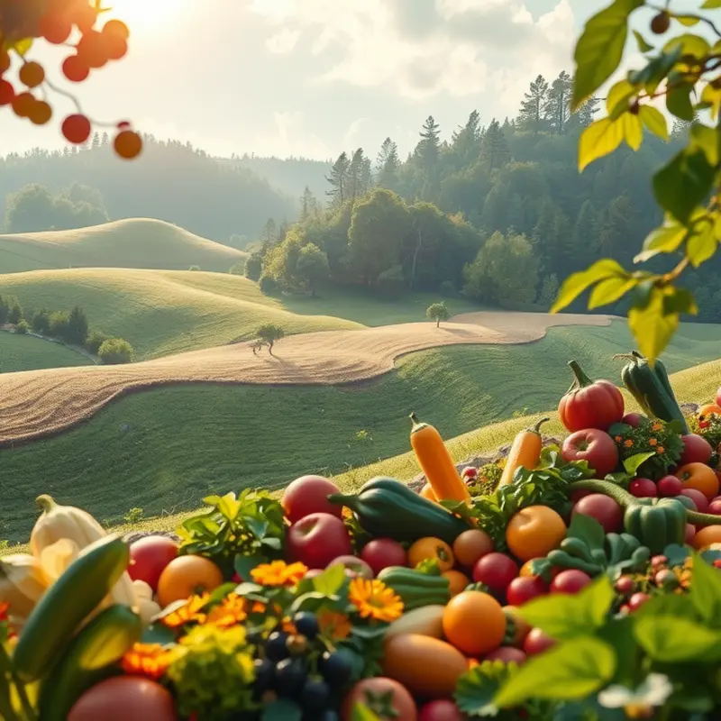 A vivid field filled with organic produce under warm sunlight, representing healthy ingredients for smoothies.