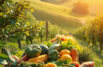 A photorealistic depiction of a fresh, sunlit orchard filled with herbs and vegetables.