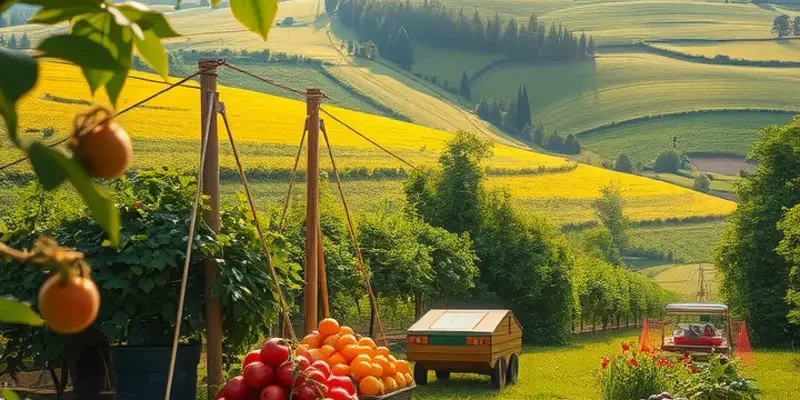 A lush landscape filled with various fruits and vegetables under warm, inviting sunlight.