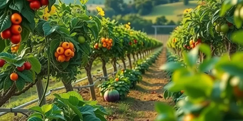 A rich and colorful orchard showcasing organic vegetables and fruits in a picturesque setting.