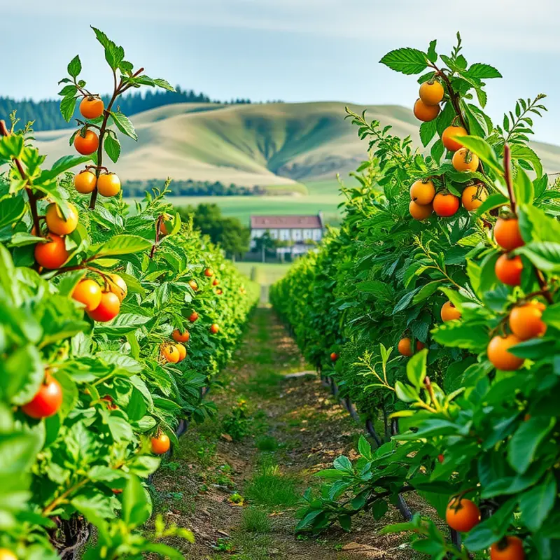 A vibrant orchard filled with organic fruits and vegetables, representing the essence of hybrid vegetarian diets.