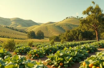 A serene landscape of a sunlit field with a variety of fresh fruits and vegetables illustrating healthy living.