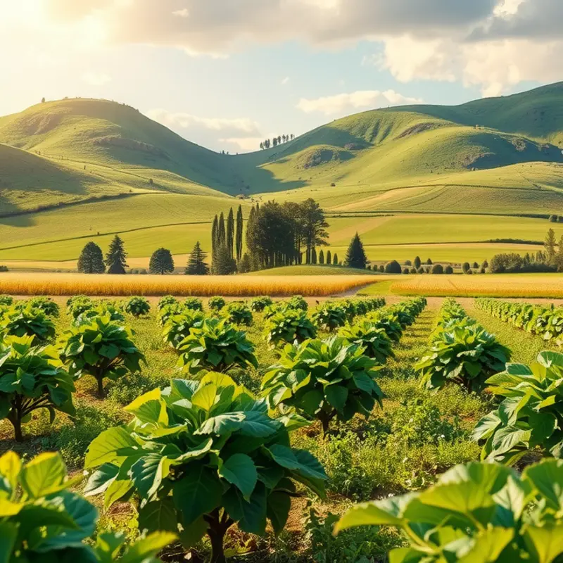 A picturesque sunlit field filled with vibrant, organic produce.