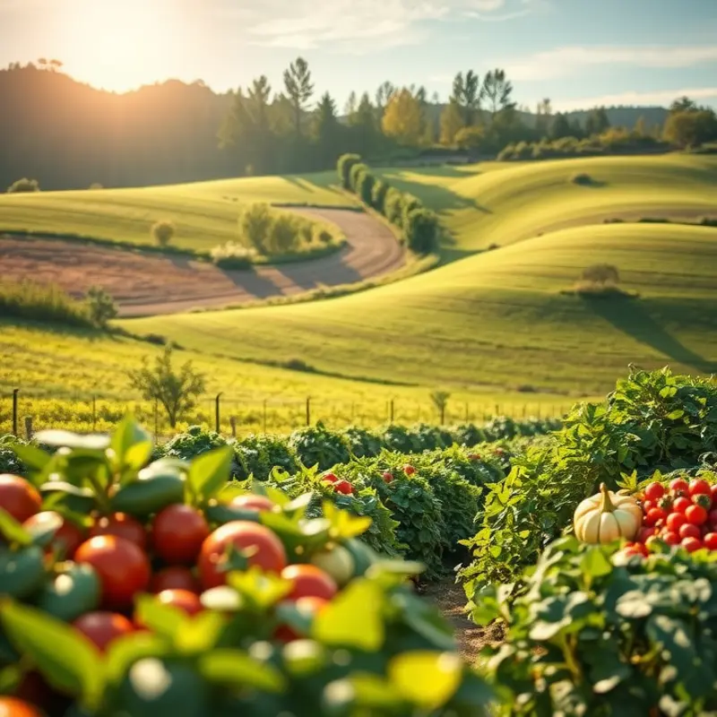 A picturesque sunlit field filled with vibrant, organic produce.