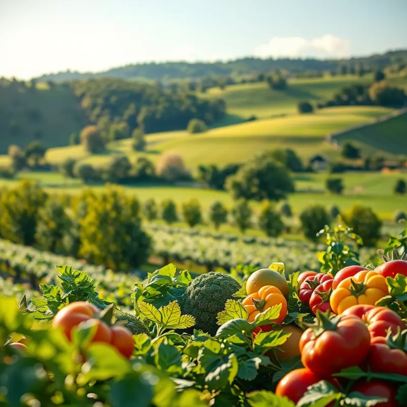A sunlit field filled with fresh fruits and vegetables representing high-satiety foods.
