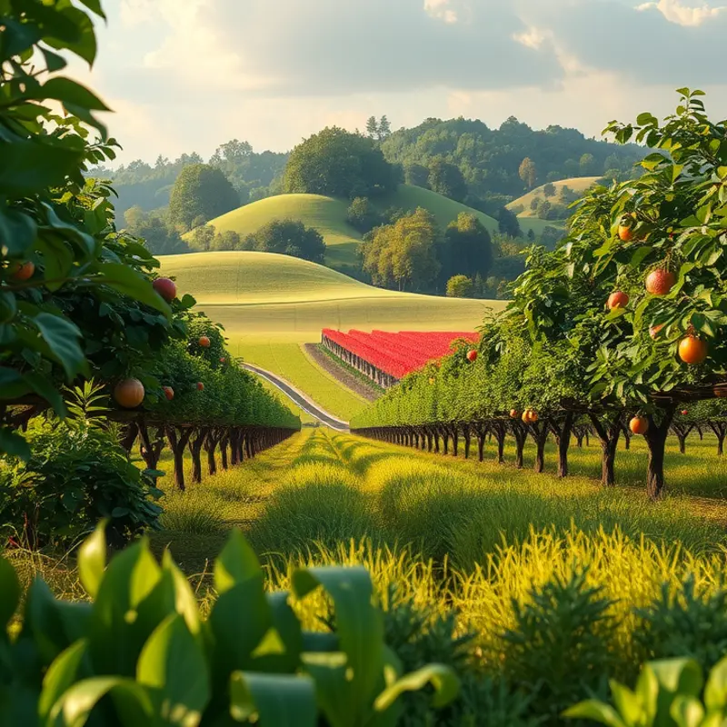 A serene landscape showcasing abundant organic vegetables and fruits in their natural setting.