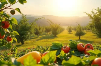 A sunlit field showcasing organic vegetables and fruits, symbolizing healthy eating.