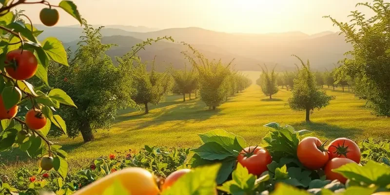 A sunlit field showcasing organic vegetables and fruits, symbolizing healthy eating.