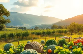 A beautiful view of a garden bursting with fresh vegetables and fruits under soft lighting.