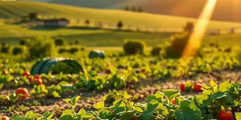 A sun-drenched field filled with a variety of lush fruits and vegetables.