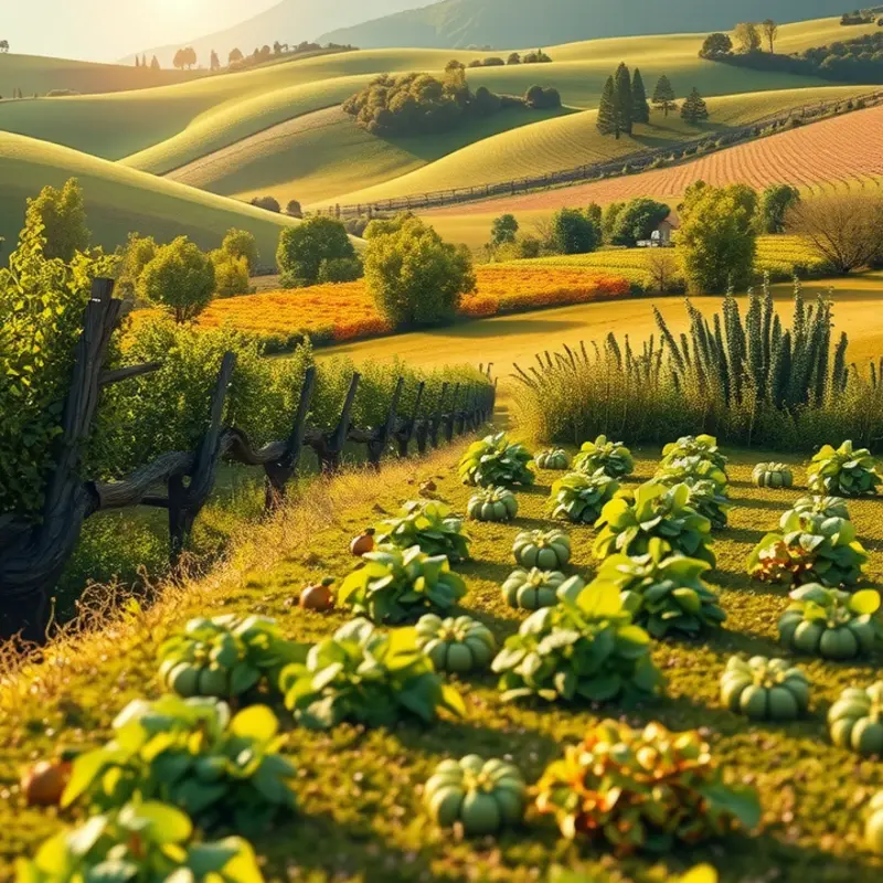 A breathtaking sunlit field filled with vibrant fruits and vegetables.