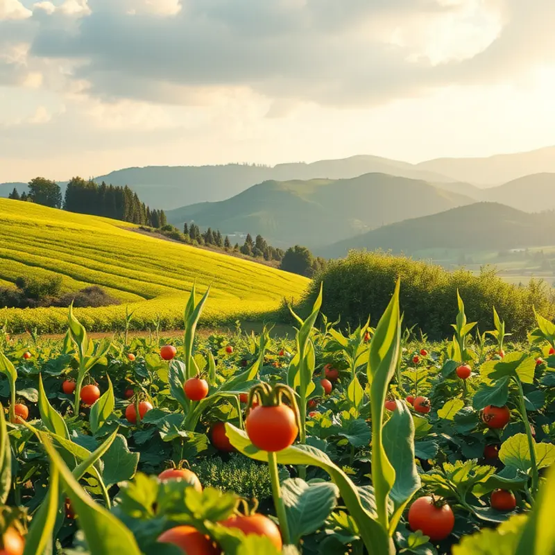 A sunlit field abundant with organic vegetables and fruits.