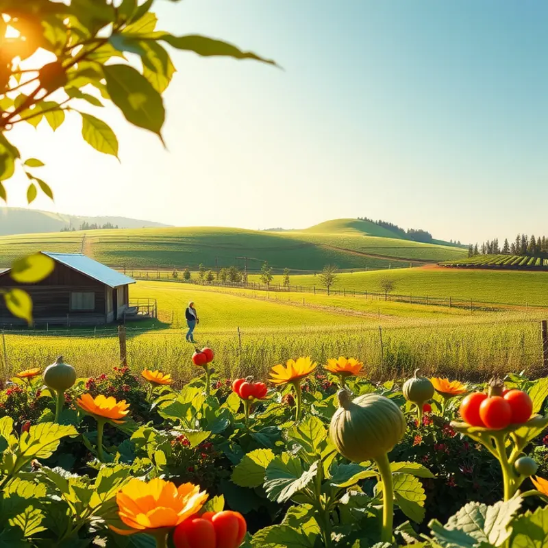 A serene landscape showcasing a sunlit field filled with vibrant organic produce.