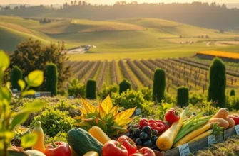 A vibrant organic garden boasting a rich variety of fruits and vegetables surrounded by greenery.