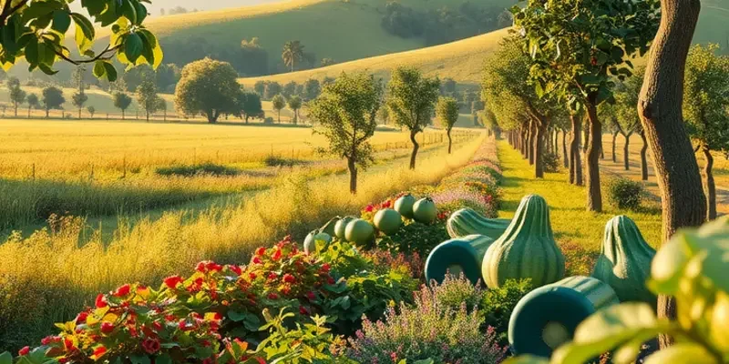 Vibrant, sunlit field showcasing an array of organic vegetables and fruits in a serene natural setting.