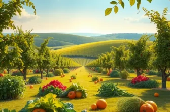 A serene landscape of an orchard abundant with vibrant vegetables and fruits, set in a gentle sunlit environment.