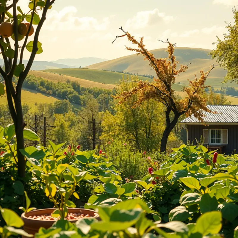 A sunlit orchard filled with vibrant fruits and vegetables.