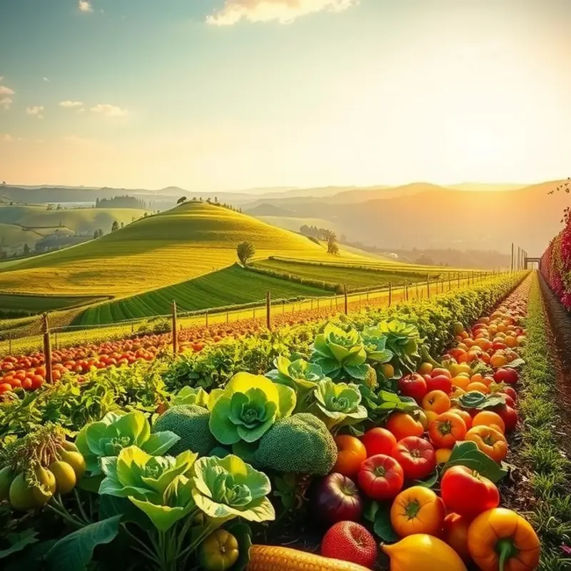 A vibrant garden with fresh vegetables and fruits flourishing under the sun.