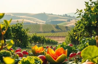 A vibrant landscape showcasing a sunlit field abundant in fresh vegetables and fruits.