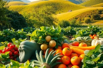 A picturesque sunlit field of vibrant organic fruits and vegetables.