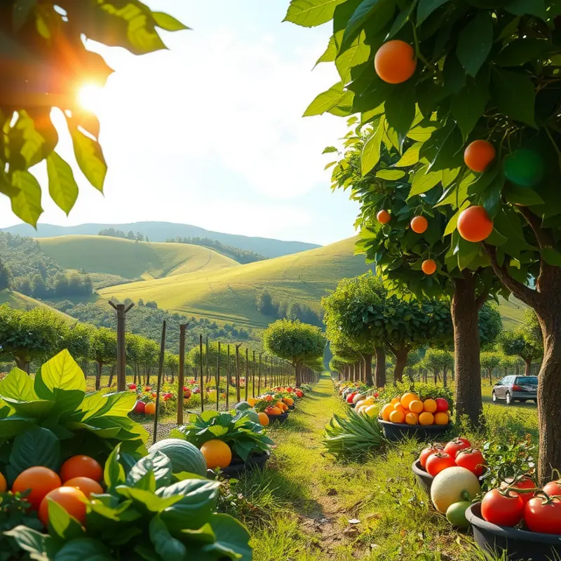 A sunlit field flourishing with organic vegetables and fruits.