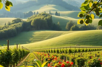 A vibrant Mediterranean landscape filled with fresh fruits and vegetables against a sunny backdrop.