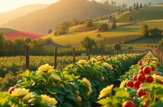 A sunlit field showcasing vibrant organic produce in a serene natural setting.