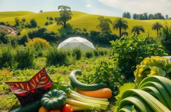 Photorealistic landscape of a sunlit field with healthy organic vegetables and fruits.