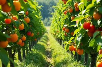 A scenic view of a vibrant orchard filled with healthy produce, framed by green hills under soft sunlight.