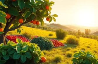 A picturesque landscape featuring an orchard and vibrant vegetables under warm sunlight.
