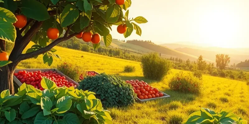 A picturesque landscape featuring an orchard and vibrant vegetables under warm sunlight.