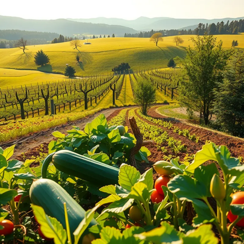 A serene landscape showcasing an organic haven of fruits and vegetables.