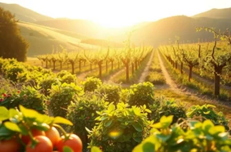 A peaceful scene showcasing an orchard filled with organic fruits and vegetables under warm sunlight.