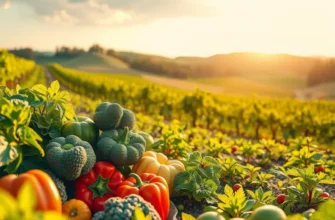 A beautiful sunlit landscape filled with various fruits and vegetables, symbolizing healthy, mindful eating.