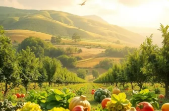 A serene scene of an orchard brimming with fruits and vegetables, promoting the concept of healthy, mindful eating.