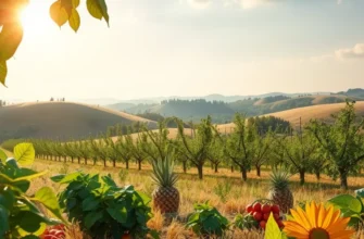 A sunlit natural landscape filled with organic produce, reflecting the principles of mindful eating.