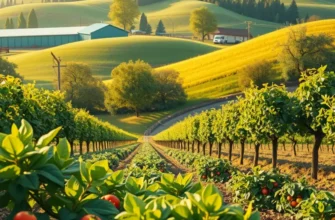 A sunlit field lush with organic vegetables and fruits.