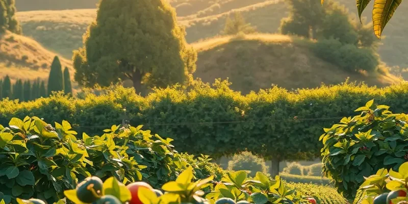 A scenic sunlit field showcasing vibrant organic fruits and vegetables growing abundantly.