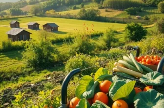 A vibrant landscape showcasing lush fields and orchards full of fruits and vegetables.