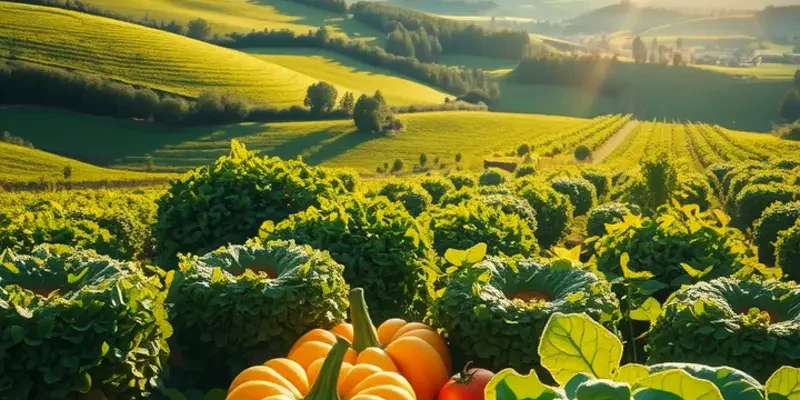 A beautiful outdoor scene displaying a garden filled with vibrant fruits and vegetables under warm sunlight.