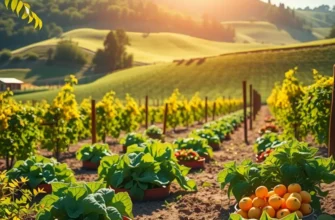 A peaceful landscape filled with healthy, organic vegetables and fruits growing in natural beauty.