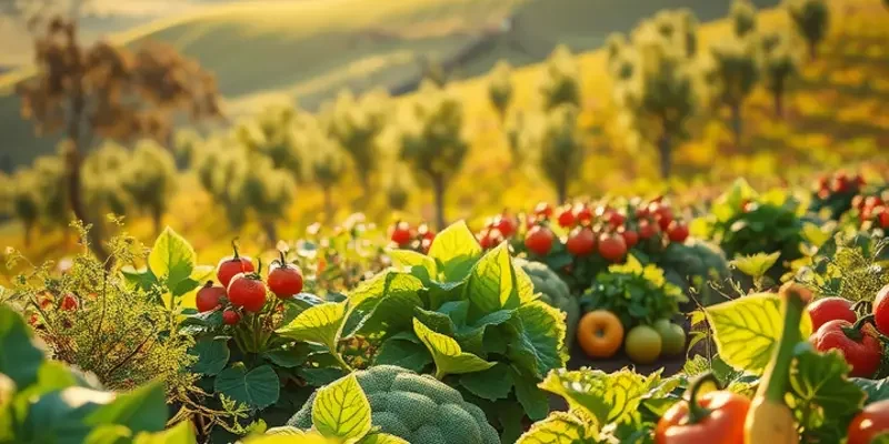 A picturesque landscape filled with organic fruits and vegetables, nestled in nature's richness.