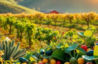 A beautiful landscape filled with vibrant organic fruits and vegetables in a sunlit natural setting, symbolizing health and wellness.