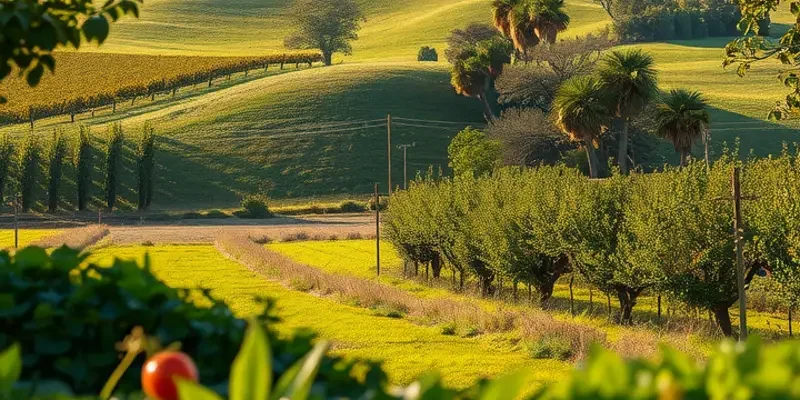 Photorealistic landscape featuring vibrant fruits and vegetables thriving in a natural environment.