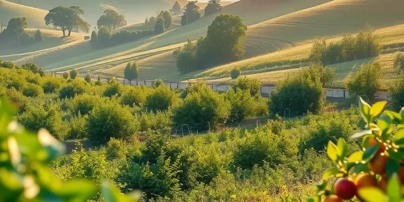 A peaceful sunlit landscape showcasing vibrant vegetables and fruits growing naturally.