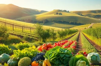 A photorealistic view of an organic landscape filled with vibrant vegetables and fruits.