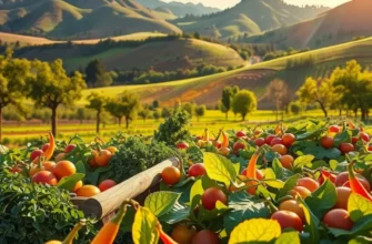 A scenic field with thriving vegetables and fruits under warm sunlight.