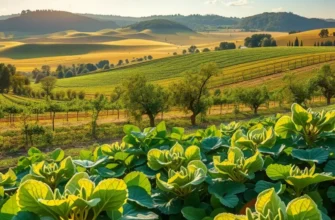 A bright scenic view of an organic field with vegetables and fruits surrounded by greenery.